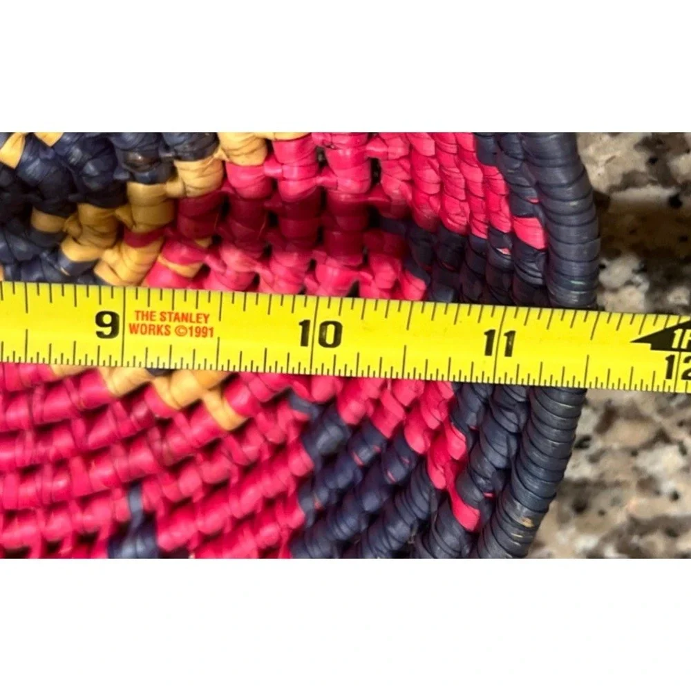 Southwestern/Mexican Jute Coil Weave Basket Colorful Pink Blue Oval 11.5